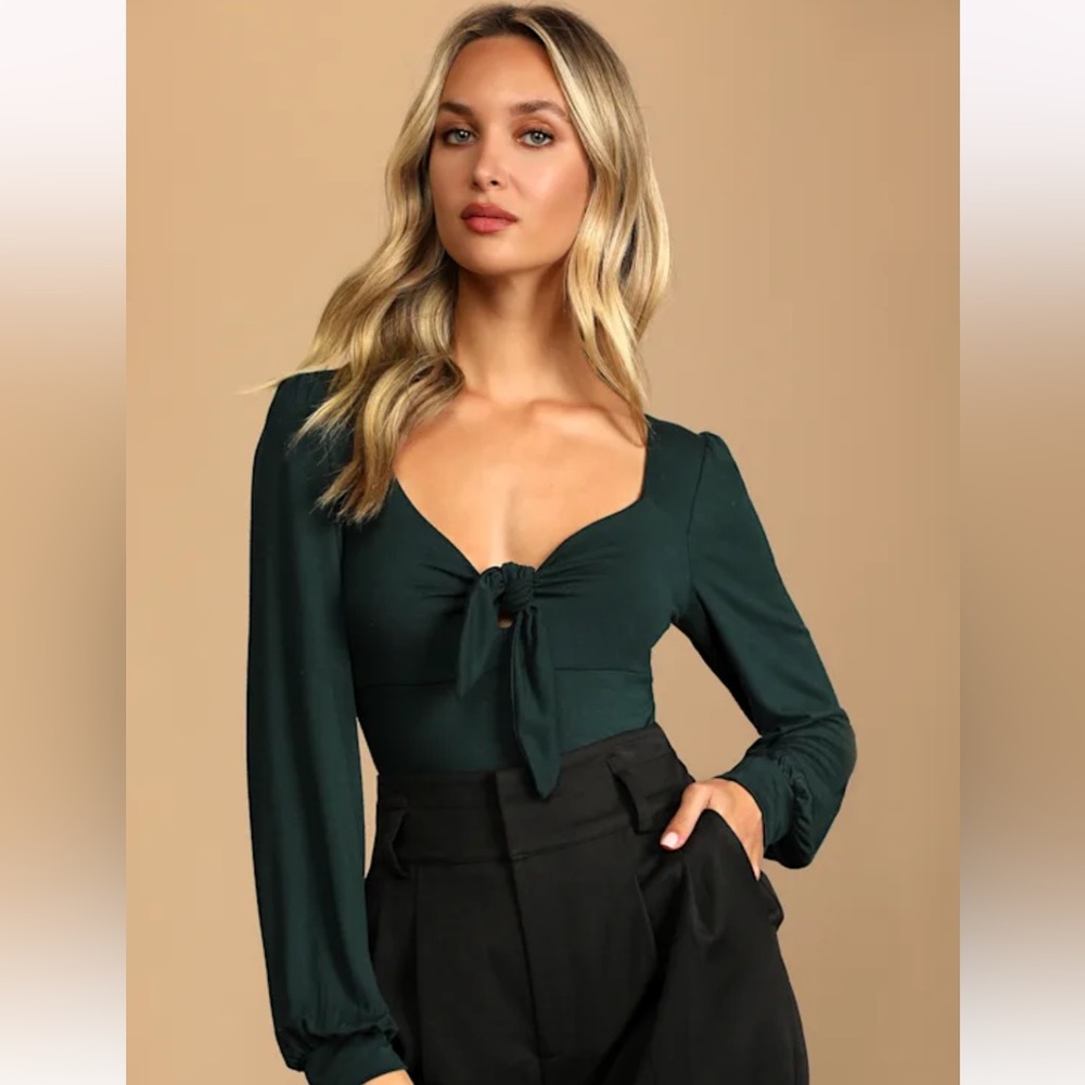 Lulu's Dark Teal Tie-Front Bodysuit